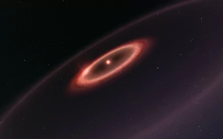 Sci‑Fi space vista: glowing red accretion ring around a bright central star with faint dust rings and starfield — 8K Ultra HD PC desktop wallpaper/background.