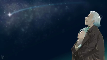 Byakuya and Senku Ishigami from Dr. Stone gaze at a shooting star in a cosmic night sky, captured in a 4K Ultra HD anime desktop wallpaper.