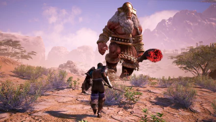 HD wallpaper featuring a warrior facing a giant foe in the game Bless Unleashed, set in a desert landscape backdrop.