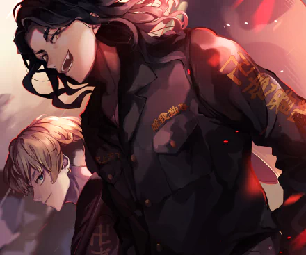 HD anime desktop wallpaper featuring Chifuyu Matsuno and Keisuke Baji from Tokyo Revengers, showcasing dynamic poses and vivid colors.