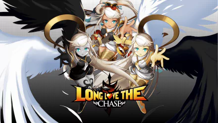 HD wallpaper featuring characters from the video game Grand Chase, showcasing three figures with long hair and wings, centered around the title LONG LOVE THE CHASE.