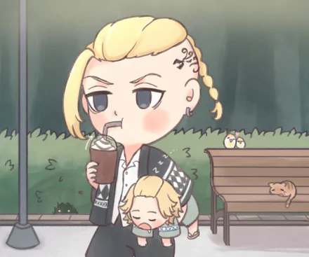 Chibi-style Ken Ryuguji from Tokyo Revengers sipping a drink outdoors, featured in an HD PC desktop wallpaper and background.