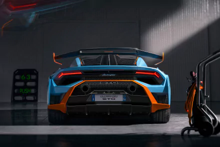 Rear view of a blue-and-orange Lamborghini Huracán STO supercar in a garage under a dramatic light beam — 5K Ultra HD PC desktop wallpaper background.