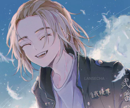 Anime-style HD desktop wallpaper featuring Mikey Manjiro Sano from Tokyo Revengers smiling against a bright blue sky background.