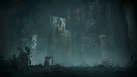 A dark, eerie scene from Elden Ring featuring a colossal broken statue surrounded by ruins, captured in 4K Ultra HD for a PC desktop background.