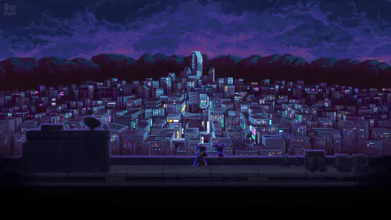 Katana Zero-inspired HD desktop wallpaper featuring stylized pixel art of a futuristic cityscape at dusk with a lone character.