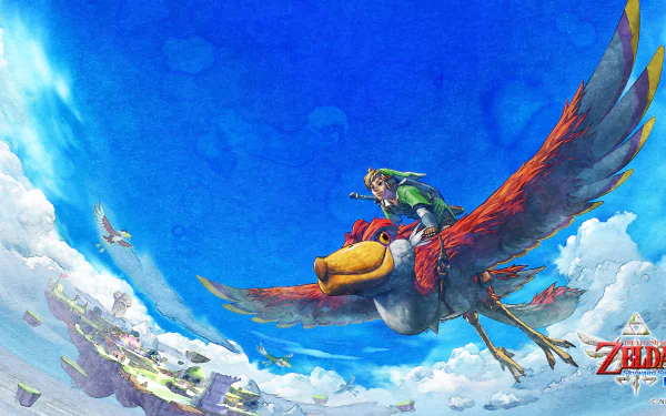 Link riding a Loftwing over floating islands and clouds from The Legend of Zelda: Skyward Sword — vibrant 4K Ultra HD PC desktop wallpaper.