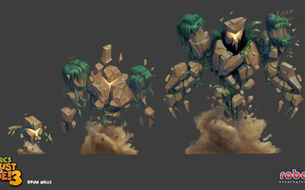 HD desktop wallpaper featuring character animation stages from Orcs Must Die! 3 game with a transformative golem emerging from rocks to a full-standing figure.