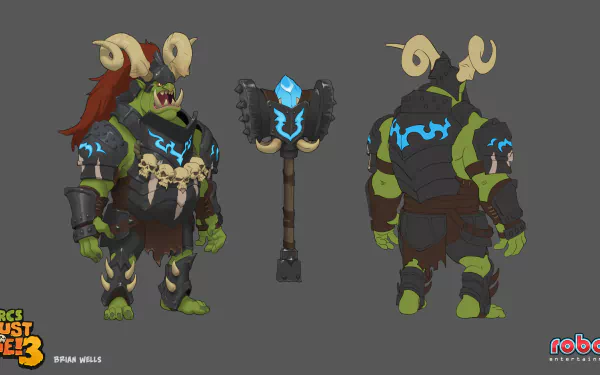 Orcs Must Die! 3 character design HD wallpaper featuring an armored orc with blue energy accents, carrying a large hammer, viewed from different angles.