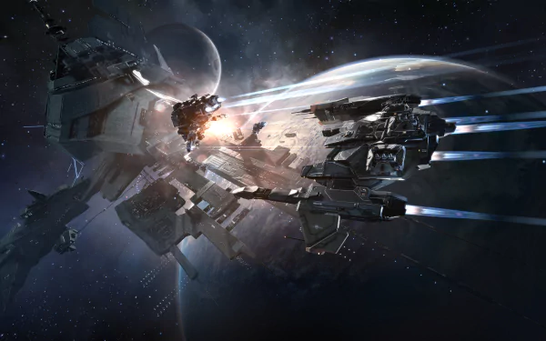 HD EVE Online desktop wallpaper featuring spaceships engaged in galactic battle with a planetary backdrop.