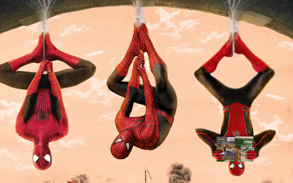 Three Spider-Men hang upside down from webs in a scene from Spider-Man: No Way Home, featuring Peter Parker as the superhero. The image is a high-definition desktop wallpaper.