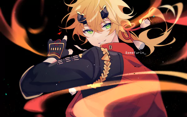 HD PC wallpaper of Thoma (Genshin Impact), a character from the video game Genshin Impact, posed with flowing hair and red-orange flame ribbons against a dark starry background.