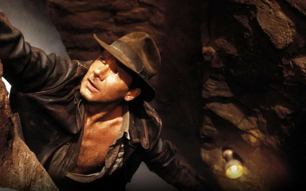 HD PC desktop wallpaper featuring Harrison Ford as Indiana Jones from the movie Indiana Jones and the Last Crusade, navigating a dark cave with determined expression.