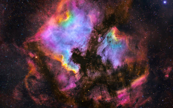 8K Ultra HD sci‑fi nebula desktop wallpaper and background: vivid pink, purple and teal gas clouds framing dark dust lanes across a starfield.