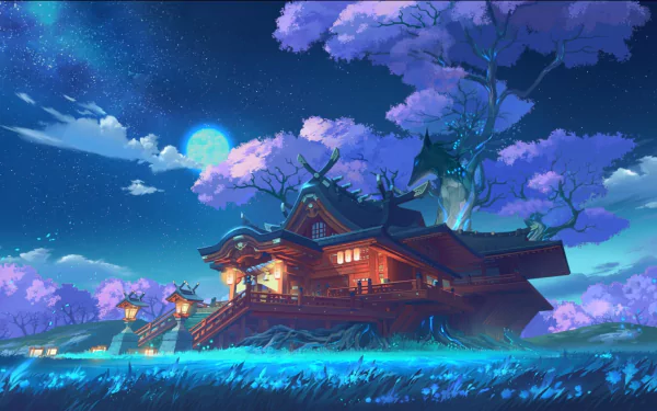 HD desktop wallpaper of Inazuma from the video game Genshin Impact, featuring a serene night scene with a traditional building surrounded by cherry blossom trees under a bright full moon and starry sky.