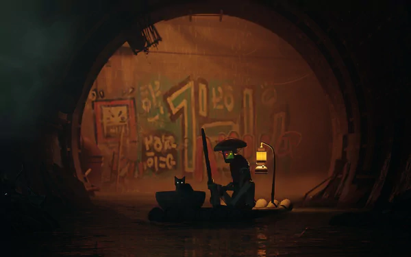 HD PC desktop wallpaper from the video game Stray, showing a silhouetted figure with a cat inside a dimly lit tunnel adorned with graffiti and warm lantern light.