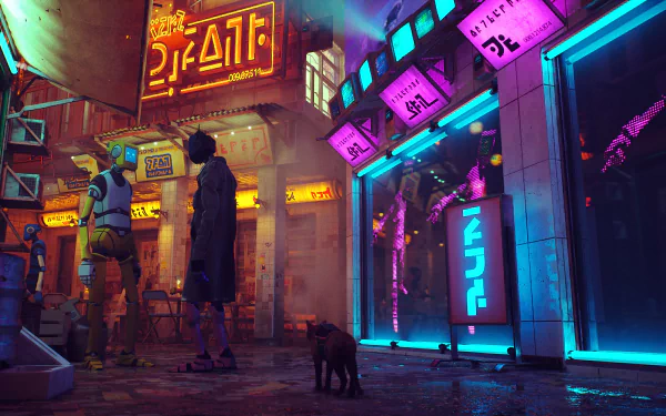 HD desktop wallpaper from the video game Stray featuring a futuristic city scene at night with neon lights, robots, and a small cat in the foreground.