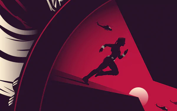 5K Ultra HD PC desktop wallpaper: Black Widow movie stylized red-and-black silhouette sprinting beneath helicopters and a rising sun.