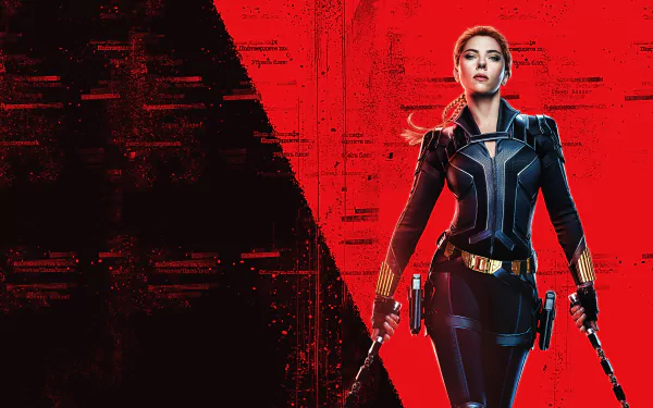 Scarlett Johansson as Black Widow in a high-resolution 8K Ultra HD movie wallpaper, featuring her in a sleek tactical suit against a bold red and black background.