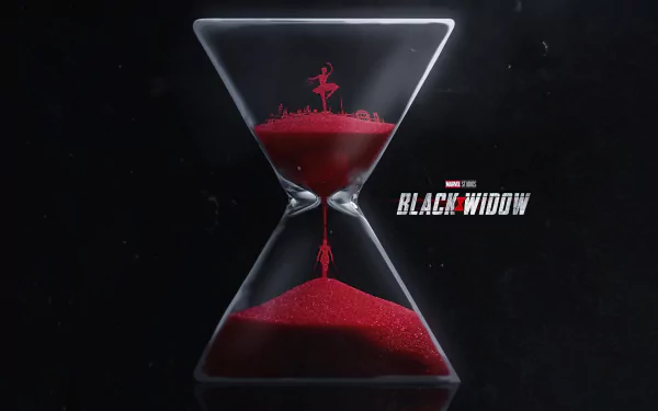 8K Ultra HD PC desktop wallpaper: Black Widow movie hourglass with red sand forming a silhouetted figure, Black Widow logo on a dark, moody background.