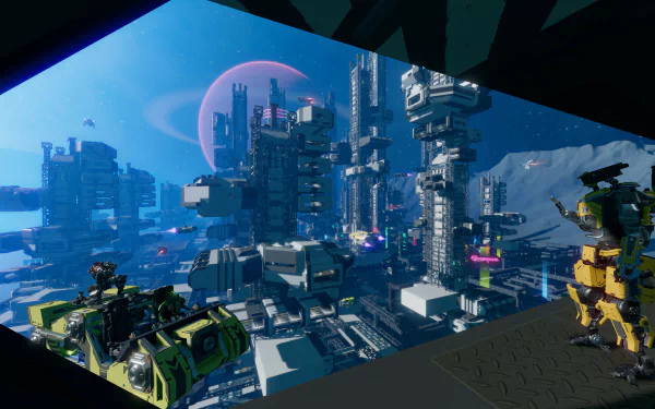 HD desktop wallpaper featuring a futuristic Starbase cityscape with towering skyscrapers, advanced vehicles, and a vibrant alien planet in the backdrop.