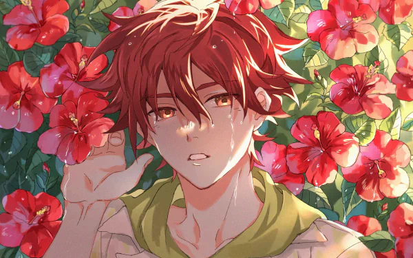 HD anime desktop wallpaper featuring Reki Kyan with vibrant red hair surrounded by red flowers, from SK8 the Infinity.