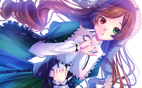 Suiseiseki from Rozen Maiden in anime style, heterochromia with one red and one green eye, wearing a frilly green Victorian dress with flowing hair — 2K Quad HD PC desktop wallpaper