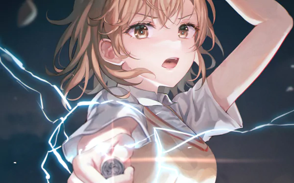 Mikoto Misaka from A Certain Magical Index unleashing electric powers in a dynamic 4K Ultra HD anime desktop wallpaper.
