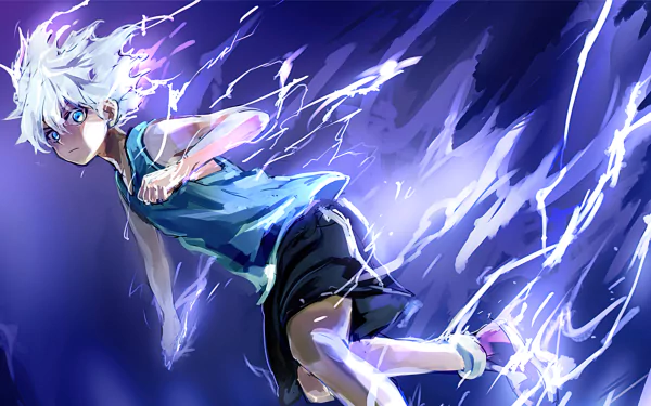 Killua Zoldyck from the anime Hunter x Hunter dashes through a dynamic scene filled with electric energy, depicted in vivid 4K Ultra HD for a striking desktop wallpaper.