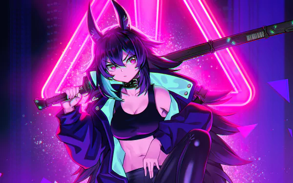 A cyberpunk anime character with glowing purple hair and horns, wielding a katana, set against a neon pink triangular backdrop in 4K Ultra HD.