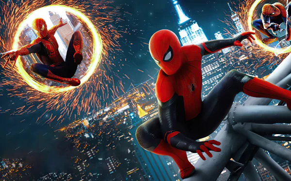 4K Ultra HD Spider-Man: No Way Home wallpaper featuring three Spider-Man characters swinging through a cityscape with magical portals in the background.