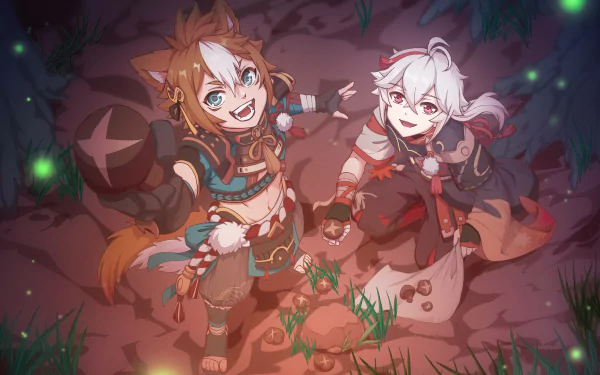 Kaedehara Kazuha and Gorou from Genshin Impact share a joyful moment in a detailed 4K Ultra HD PC wallpaper inspired by the popular video game.