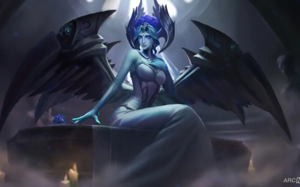 Morgana (League of Legends) seated on a stone altar with dark wings unfurled, candles and mist — 4K Ultra HD PC desktop wallpaper/background, video game art.