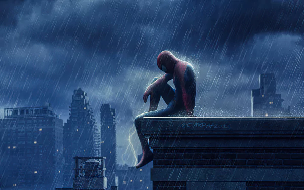 Spider-Man sits on a rooftop in the rain, overlooking a cityscape under a stormy sky. Inspired by the movie Spider-Man: No Way Home. HD wallpaper.