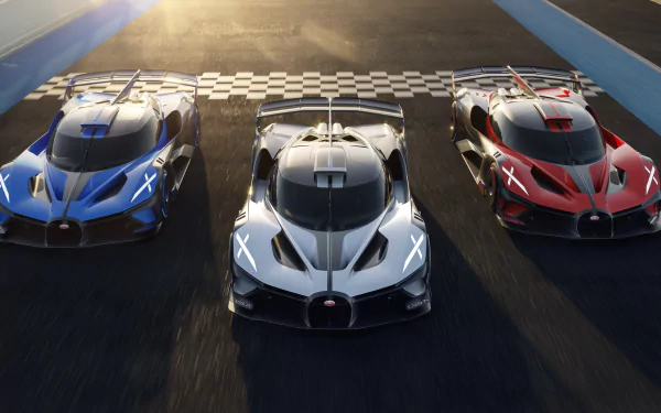 Three Bugatti Bolide supercars in blue, white, and red colors race side by side on a track, showcased in a stunning 4K Ultra HD desktop wallpaper.