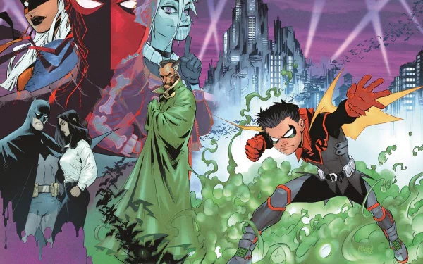 HD DC Comics wallpaper: Robin (Damian Wayne) lunges through green gas in foreground, Ra's al Ghul and Talia al Ghul loom, Batman and Gotham skyline in background.