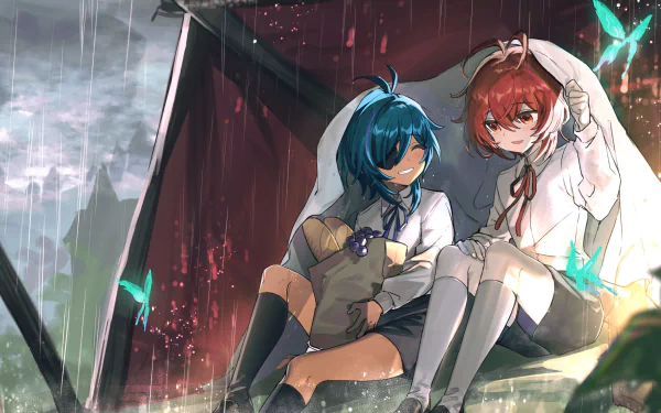 HD desktop wallpaper featuring Diluc and Kaeya from Genshin Impact, sitting under a shelter during rain, with butterflies around them. The vibrant video game art showcases a serene and intimate moment.