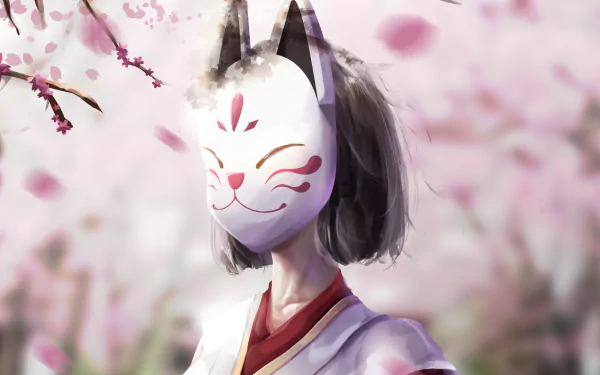 HD PC desktop wallpaper of Kazari from Genshin Impact: a fox-masked shrine maiden in kimono amid drifting cherry blossoms, soft pastel bokeh — video game art background.