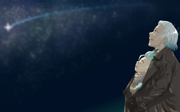 Byakuya and Senku Ishigami from Dr. Stone gaze at a shooting star in a cosmic night sky, captured in a 4K Ultra HD anime desktop wallpaper.