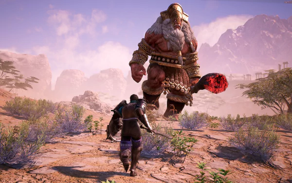 HD wallpaper featuring a warrior facing a giant foe in the game Bless Unleashed, set in a desert landscape backdrop.