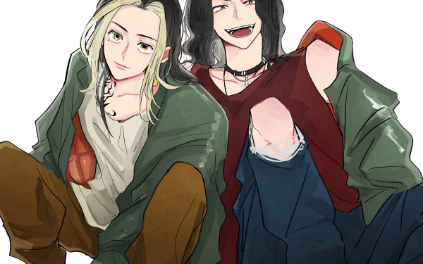 HD anime desktop wallpaper featuring Kazutora Hanemiya and Keisuke Baji from Tokyo Revengers in casual outfits with confident expressions.