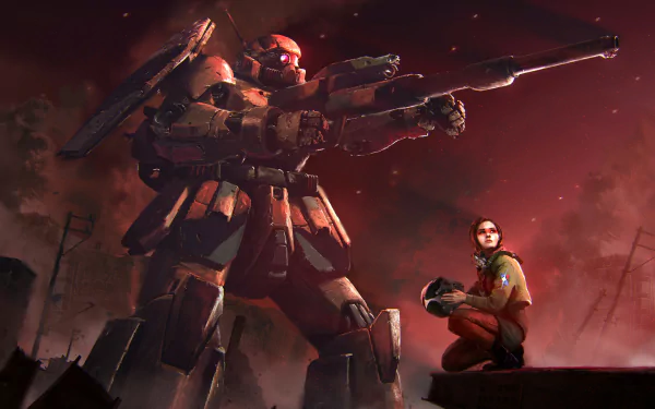 4K Ultra HD anime-style Gundam mecha stands armored and armed against a dark, smoky background while a person in pilot gear crouches nearby.