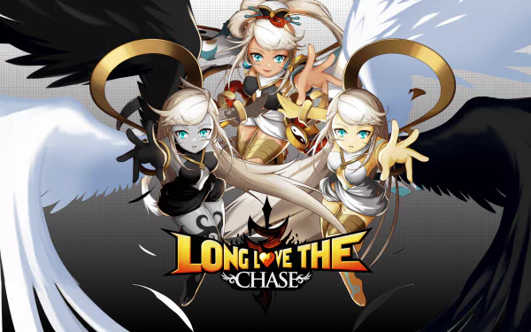 HD wallpaper featuring characters from the video game Grand Chase, showcasing three figures with long hair and wings, centered around the title LONG LOVE THE CHASE.