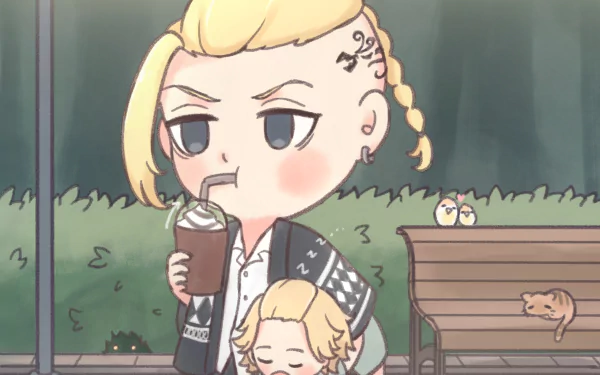 Chibi-style Ken Ryuguji from Tokyo Revengers sipping a drink outdoors, featured in an HD PC desktop wallpaper and background.