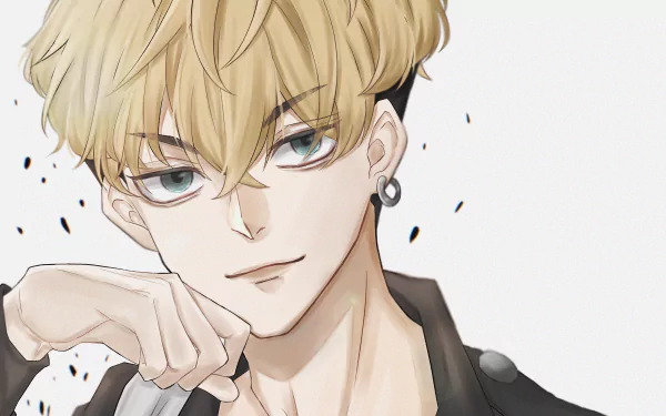 Chifuyu Matsuno (Tokyo Revengers) anime portrait: blonde hair, green eyes, earring, hand to chin, subtle smirk on a pale background — 2K Quad HD PC desktop wallpaper / background.
