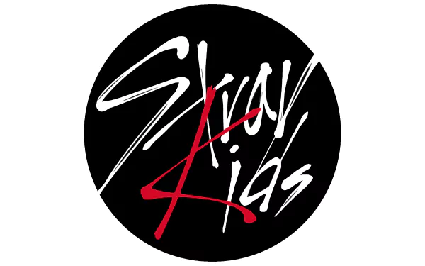 Stray Kids logo in white and red on a black circular background, designed as a 4K Ultra HD PC desktop wallpaper celebrating K-pop music.