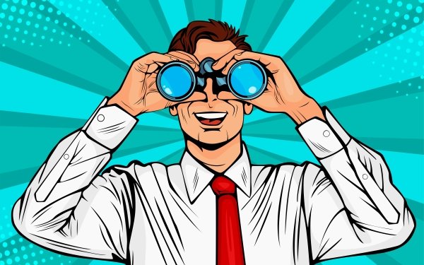 Pop art style HD desktop wallpaper featuring a smiling man in a white shirt and red tie looking through binoculars against a blue halftone background.