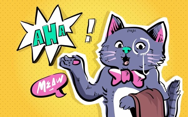 Colorful pop art style illustration of a surprised cat with 'AHA!' and 'Meow' speech bubbles, perfect for HD desktop wallpaper and background.