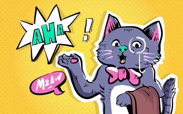 A vibrant pop art cat holds a coat, exclaiming Aha! against a cheerful yellow background, creating an engaging HD desktop wallpaper or background.