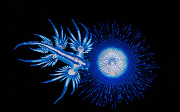  A Sea Swallow feeding on the tentacles of a Blue Button in Coffs Harbour, Australia by Gary Bell